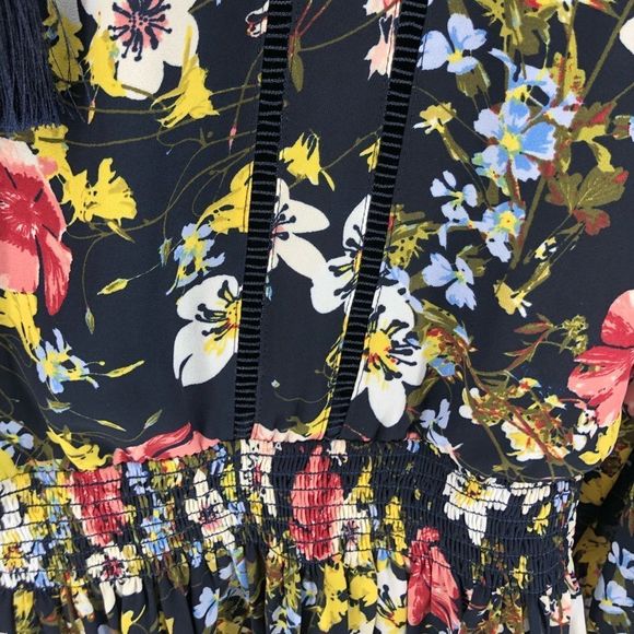 Banana Republic Black Floral Valeri Long Sleeve Ladder Stitch Smocked Dress sz M - Picture 5 of 12